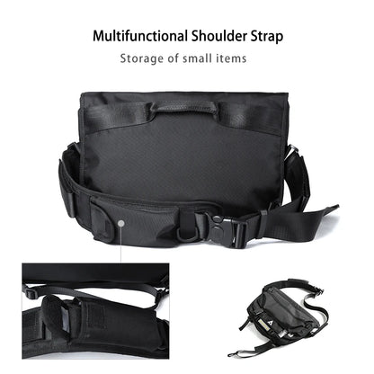 Black multifunctional shoulder strap with storage for small items on a white background