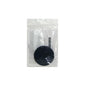 Black spherical object in a clear plastic bag on a white background