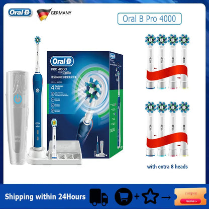 Oral B Elektrische Zahnbürste Pro 4000 3D-Reinigung Tägliche Reinigung Zähne Sichtbarer Andrucksensor 4 Modi Zahnfleischpflege Wasserdicht Wiederaufladbar