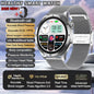 Smartwatch with features listed on a blue gradient background