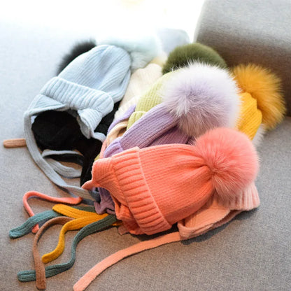 Große Pelzige Fuchs Fellball Kinder Ohrenschutz Mütze Mädchen Winter Dick Warm Plüsch Strickmütze Anti-Kälte Mütze Gorros Invierno 4m807
