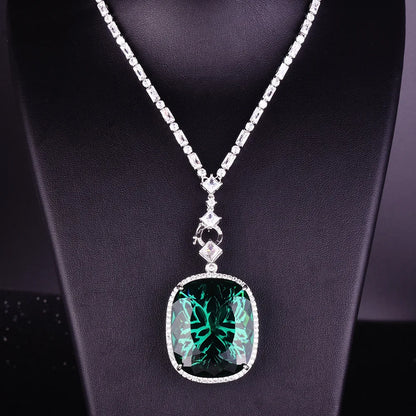 Luxury Rectangle Shape Green Cubic Zirconia Pendant Necklaces Temperament Elegant Women's Wedding Anniversary Party Jewelry