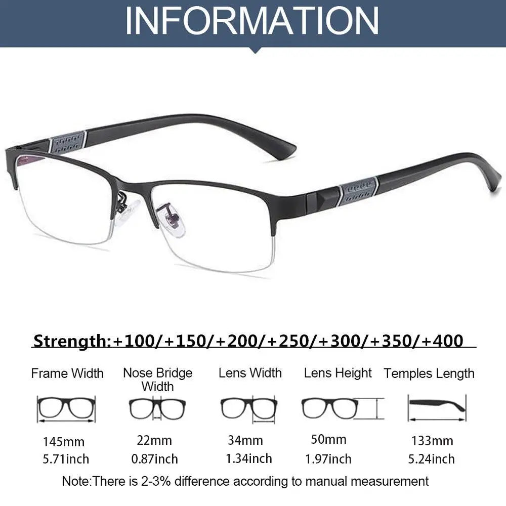 Black eyeglasses with specifications on a white background