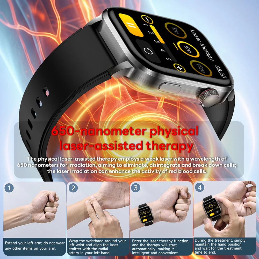 Laser Therapy Smart ECG Monitoring Uric Acid Blood Pressure Health Monitoring Bluetooth Call Smartwatch