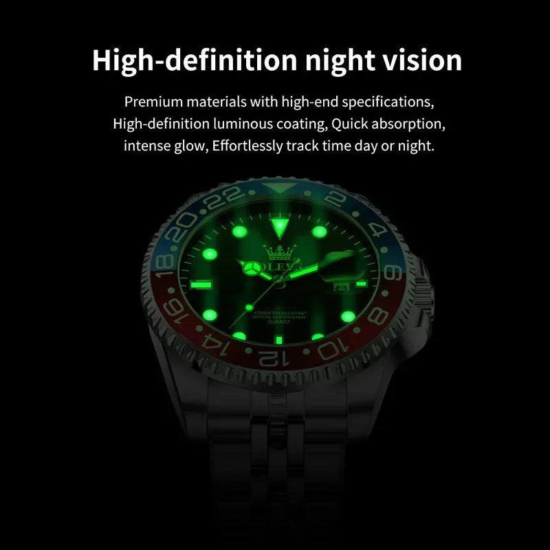 Rolex watch with glowing green face on a black background