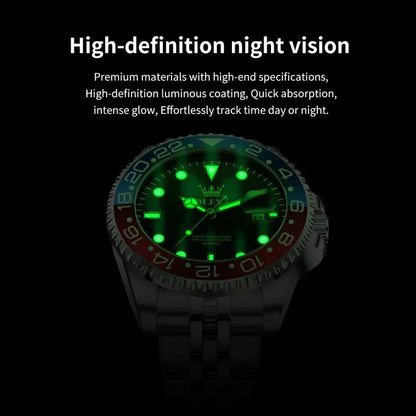 Rolex watch with glowing green face on a black background