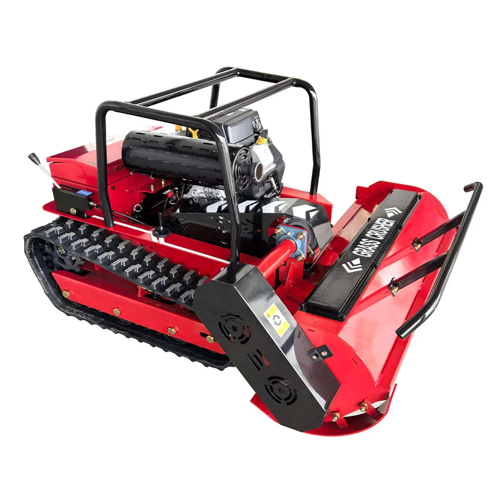 Red tracked machine with visible branding on a white background