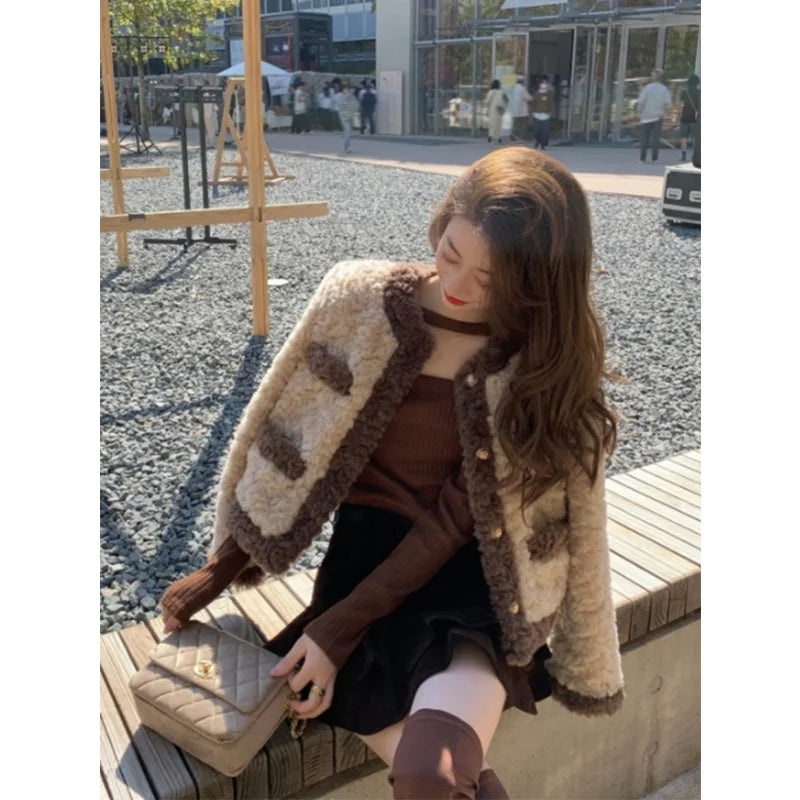 Warm ort Lamb Fur Jaet Women's Autumn Winter Thiened Korean Loose Sle Top Button Design Commute Sle Ladies Coat