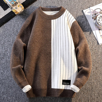 Color Blocked Warm Fashion O-neck Sweater 2025 Autumn/Winter Warm Knitted Sweater Men's Pullover Home Clothes