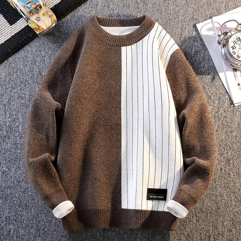 Color Blocked Warm Fashion O-neck Sweater 2025 Autumn/Winter Warm Knitted Sweater Men's Pullover Home Clothes