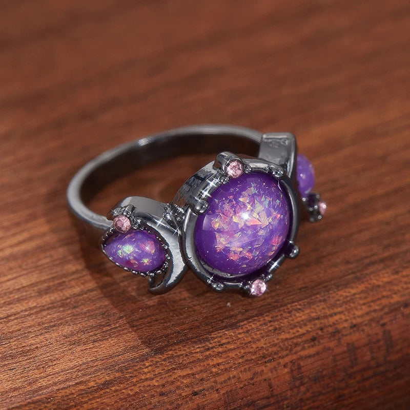 Fashion Female Round Purple Imitation Fire Opal Black Rings for Women Bridal Accessories High Quality Vintage Jewelry Gift
