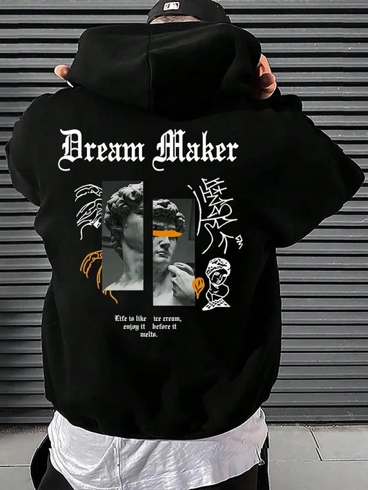 Dream Maker Brave Sculpture Pattern Men Clothing Creative Pocket Hoodies Hip Hop Autumn Streetwear Fleece Casual Male Clothing - Teglex -