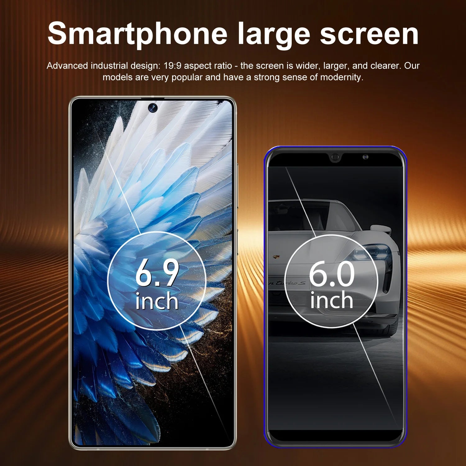 Two smartphones with screen sizes displayed on a gradient background