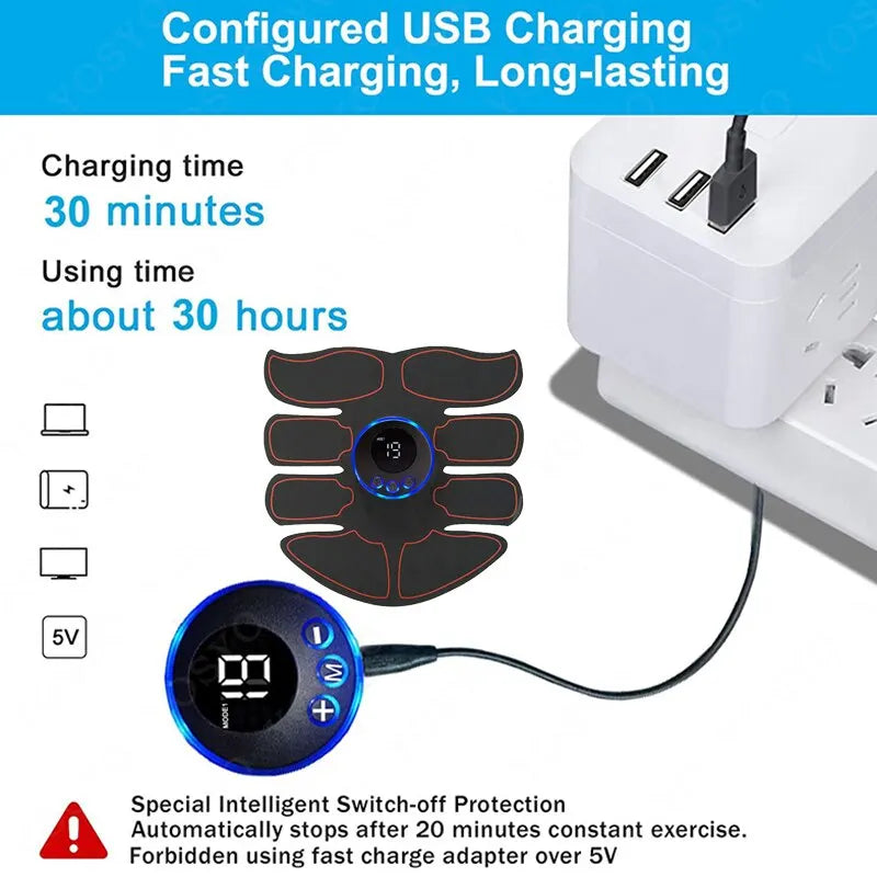 USB charging device with digital display and text about charging time and features.