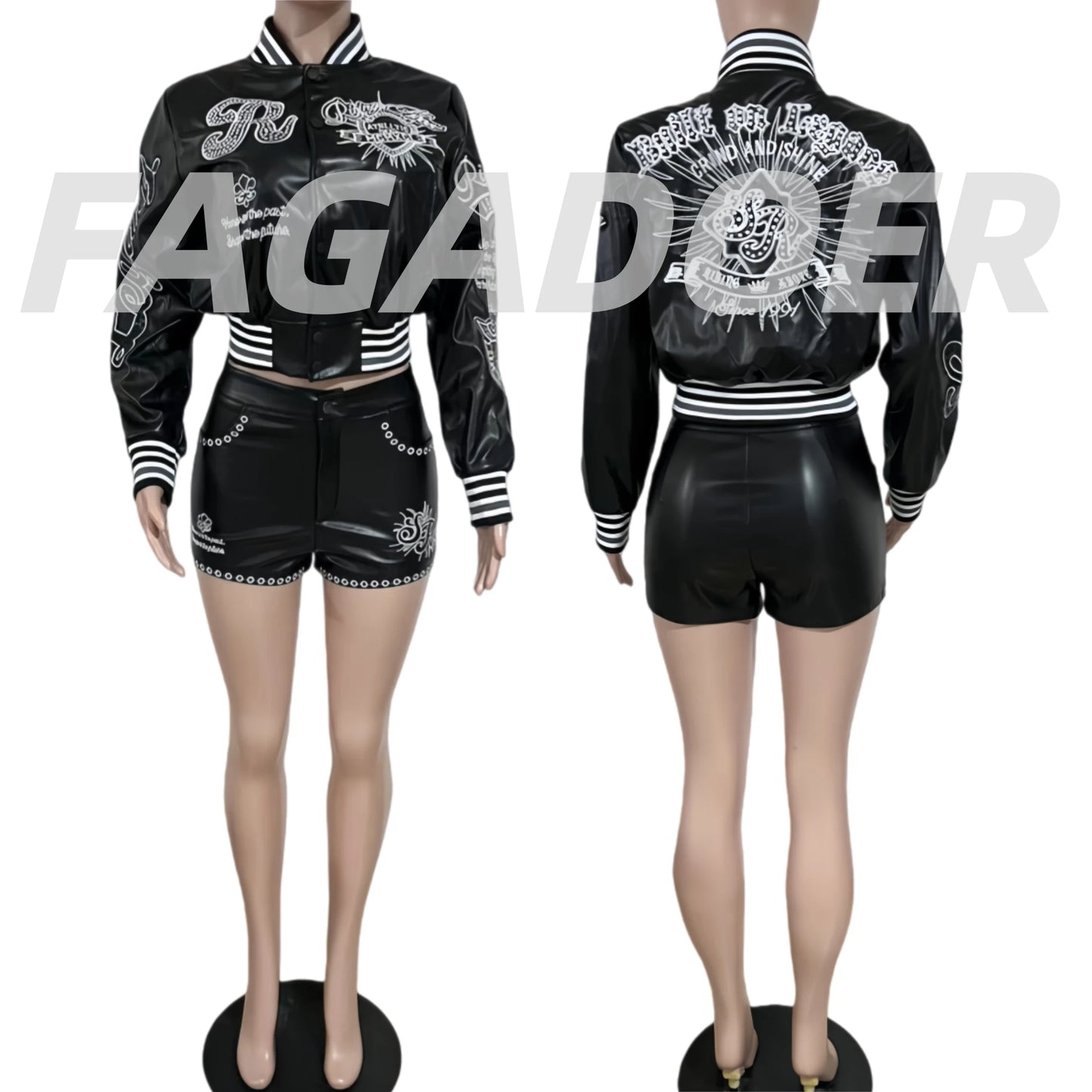 FAGADOER Fashion Letter Embroidery Two Piece Outfits Woman Long Sleeves Leather Patchwork Crop Top and Shorts Female Streetwear