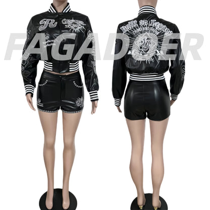 FAGADOER Fashion Letter Embroidery Two Piece Outfits Woman Long Sleeves Leather Patchwork Crop Top and Shorts Female Streetwear