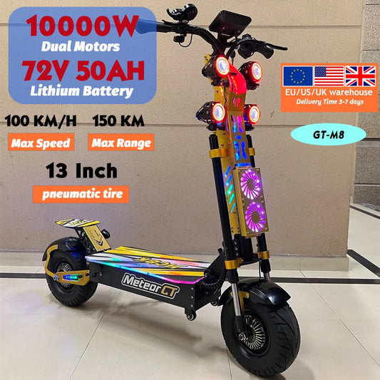 Electric scooter with specifications on a neutral background