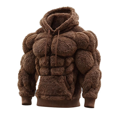 Men's Fashion Flannel Hoodie Pullover Abdominal Muscle Design Sportswear Autumn Winter Casual Long Sleeve Hooded Sweatshirt