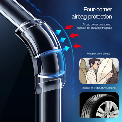 Car airbag protection feature with illustration of airbag cushioning and tire structure damping on a blue background.