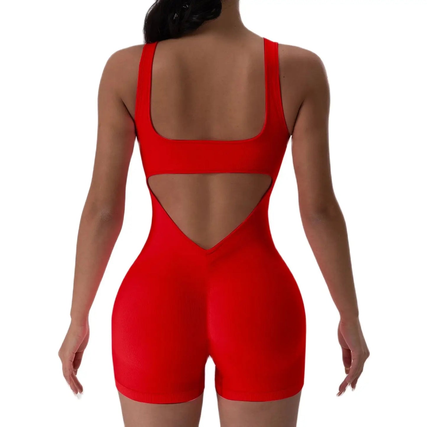 1 STÜCK Rückenloses Yoga-Set U-Ausschnitt Ärmelloser Sport-Jumpsuit Einfarbig Gerippt Stretch Damen Bodysuit Ohne Brustpolster