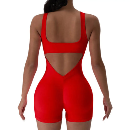 1 STÜCK Rückenloses Yoga-Set U-Ausschnitt Ärmelloser Sport-Jumpsuit Einfarbig Gerippt Stretch Damen Bodysuit Ohne Brustpolster