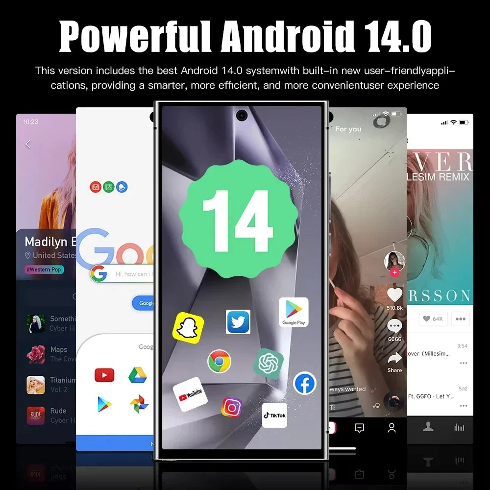 Smartphone with Android 14.0 system displayed on a black background