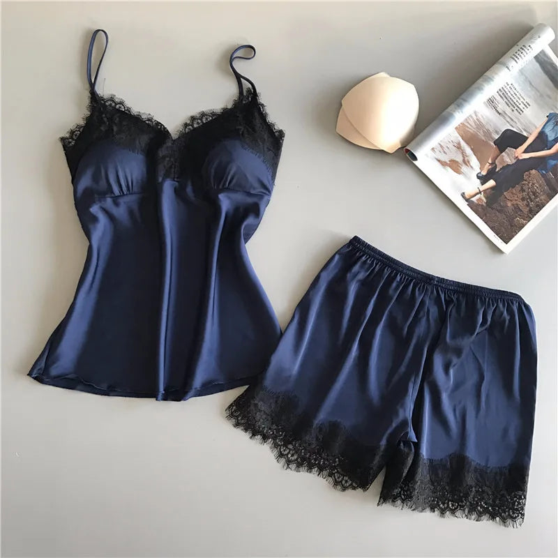 1 Set Women's Pajamas Set, Fashionable V-neck Lace Sexy Pajamas, Pajama Shorts Set, Ice Silk Camisole Top Pajama Pants