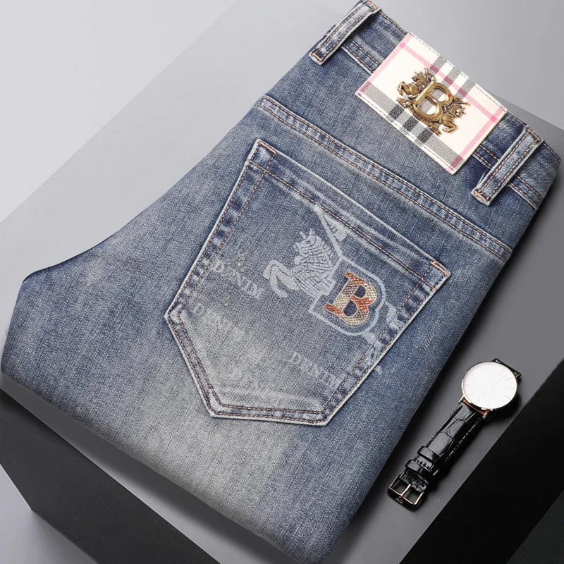 Slim Fit Freizeithose Herren Leichte Sommer Mode Elastische Freizeithose Straight Leg Baumwoll-Denim Mittlere Taille Reißverschluss
