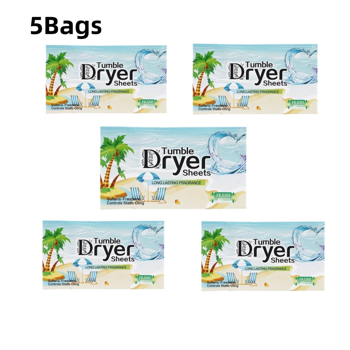 Five packages of Tumble Dryer Sheets on a white background