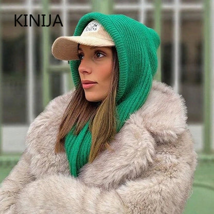 Women Knitted Balaclava Fashion Fake Collar Shawl Hooded Hat Thick Warm Beanines Winter Hat official website tool undefine