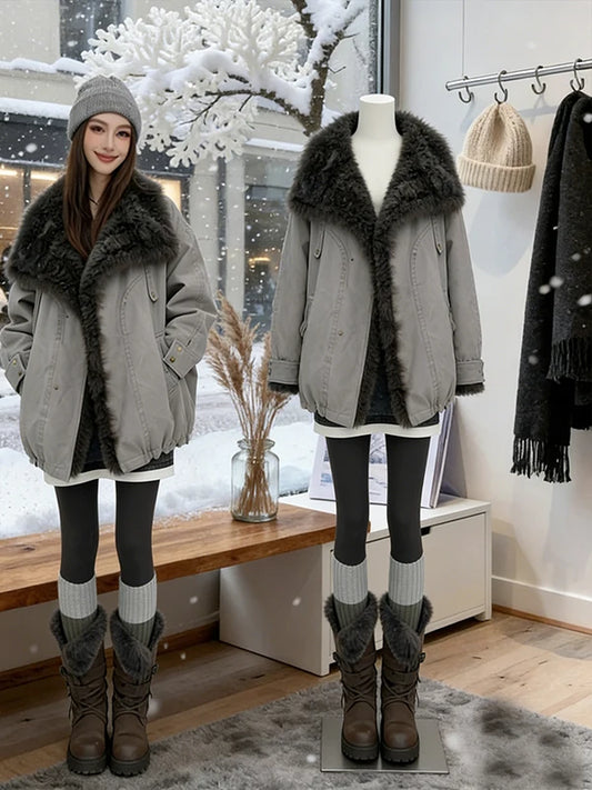 Warm Thiened American Sle Vintage Loose Cotton Jaet Commute Winter Outerwear Trendy Small Size Parka Coat