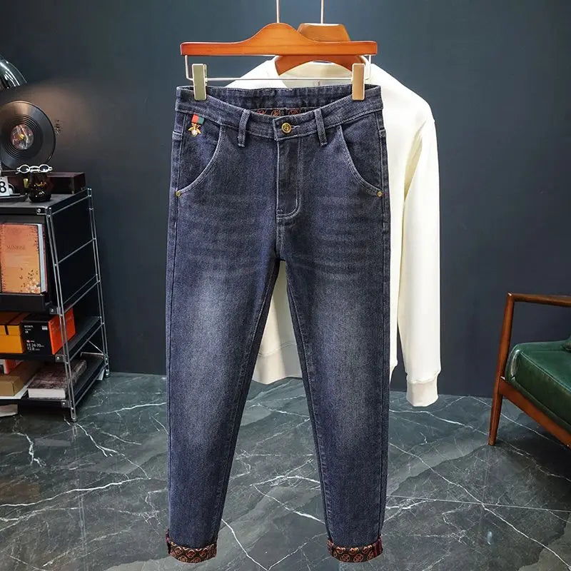 New Fashion winter Autumn Jeans Men's Printed Design Street All-Match Casual Soft Stretch Quality Men's Clothing Skinny Trousers