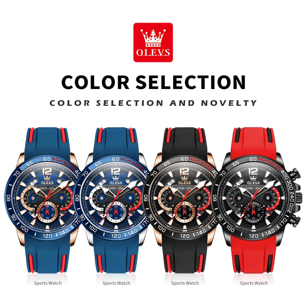 Four sports watches in blue, black, and red with OLEVS branding on a white background.