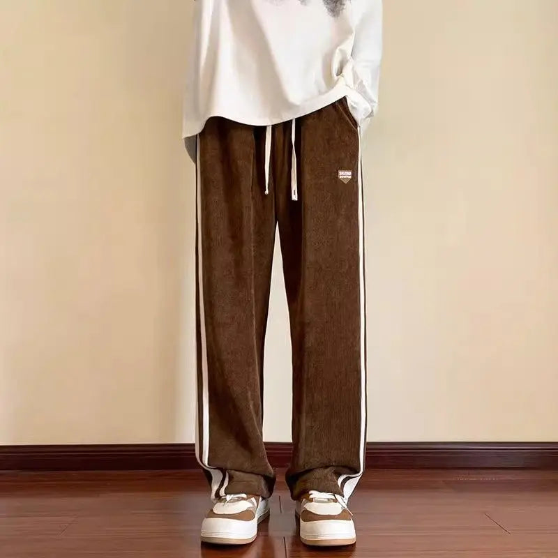 American Stripe Casual Pants Loose Fit Straight Leg Sporty Sweatpants for Men Autumn Trendy High Waist Elastic Waistband