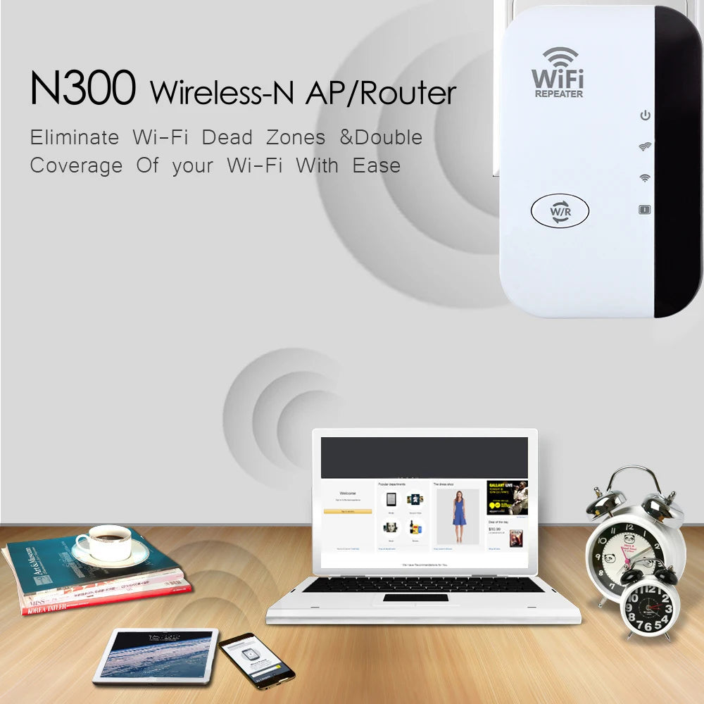 Wireless-N AP/Router with laptop, tablet, and smartphone on a wooden surface.