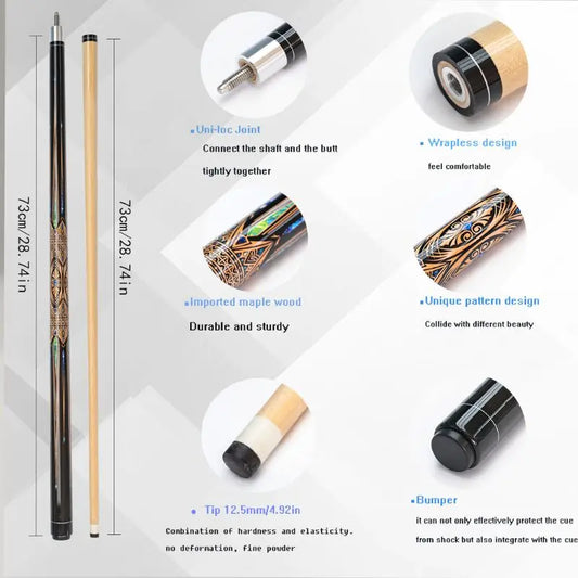 Detailed view of a pool cue with components and features highlighted on a white background.