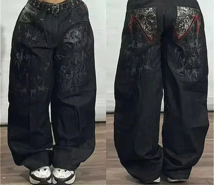 Street Fashion Trend Totenkopf bestickte Jeans Damen Harajuku Y2K Neue Hip Hop Joker Straight Wide-Leg Hosen Paar Freizeitjeans