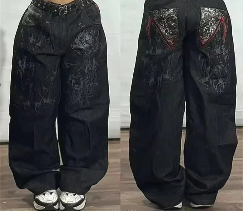Street Fashion Trend Totenkopf bestickte Jeans Damen Harajuku Y2K Neue Hip Hop Joker Straight Wide-Leg Hosen Paar Freizeitjeans