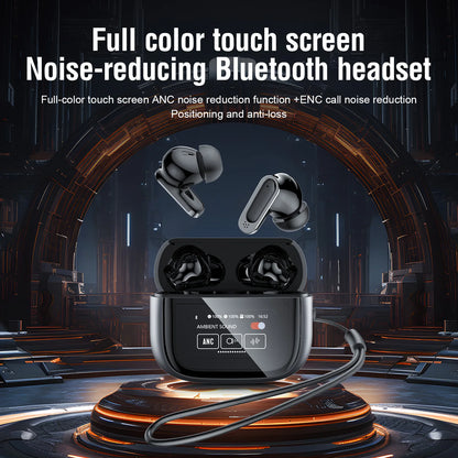 Noise-reducing Bluetooth headset with charging case on a futuristic background
