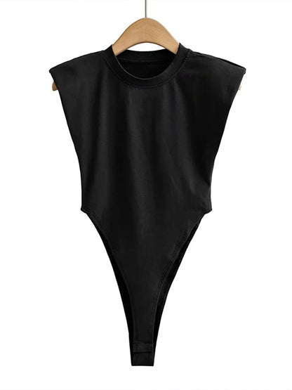 Sexy Oberteile Damen Sommer-Einteiler Bodycon Bodysuit gepolsterter Schulter-Bodysuit schwarze ärmellose Bodys für Damen weiß