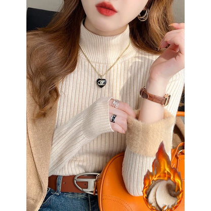 Damen Rollkragenpullover Winter 2025 Retro mit Samtfutter Verdickter Innenpullover Thermogestricktes Unterzieh-Shirt