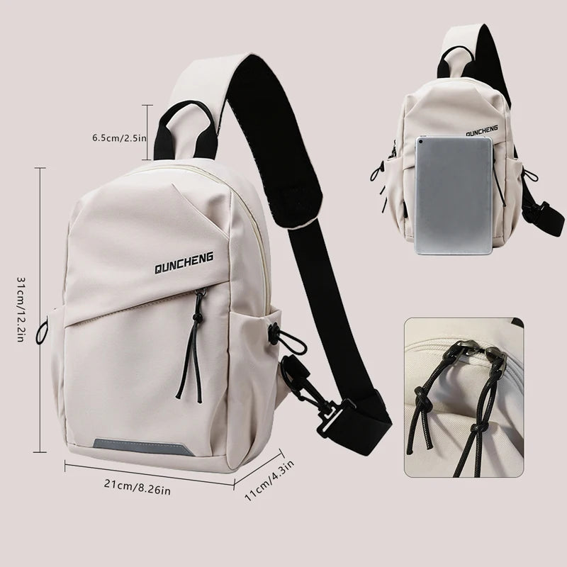 White backpack with black straps and measurements on a light gray background