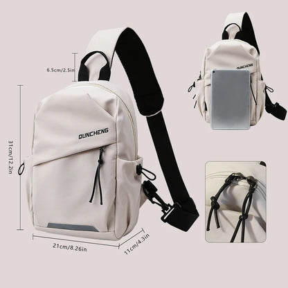 White backpack with black straps and measurements on a light gray background