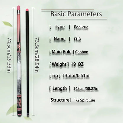 Professional 13mm Multi-Layer Tip Carbon Fiber Pool Cue with Stainless Steel Joint - Includes Joint Protector Cap