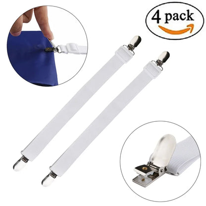 4er-Set verstellbare Bettlaken-Befestigungsbänder, elastische Matratzenbezug-Eckhalter-Clips, Greifer, Hosenträger-Kordel, Haken-Schlaufen-Verschlüsse