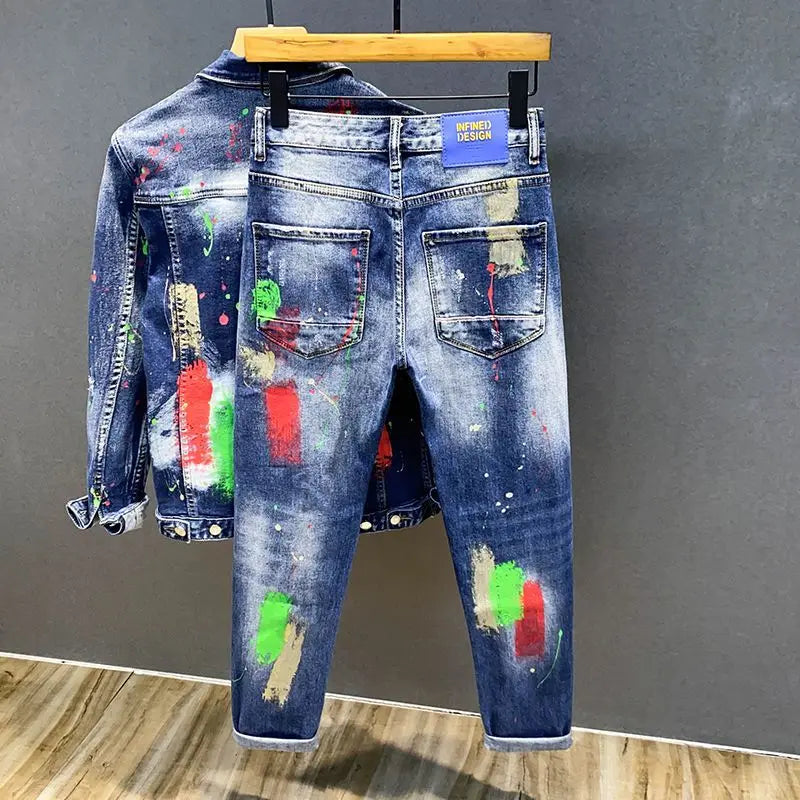Luxury Brand 2025 Printing Graffiti Jeans Men's Fashion Ripped Spray Paint Pants Ruffian Handsome Punk Streetwears Pants Man