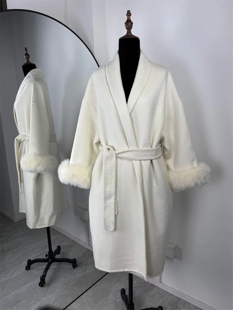 Tossy Fox Fur Wool Overcoat Women's Short Coat Office Lady Elegant Double-sided Woolen Coat 2025 New Cardigan Jackets Loose Wool