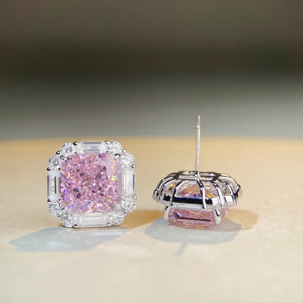 Luxury white gold solid platinum PT950 pink diamond earrings cherry powder ins wind ray dean ice flower cut