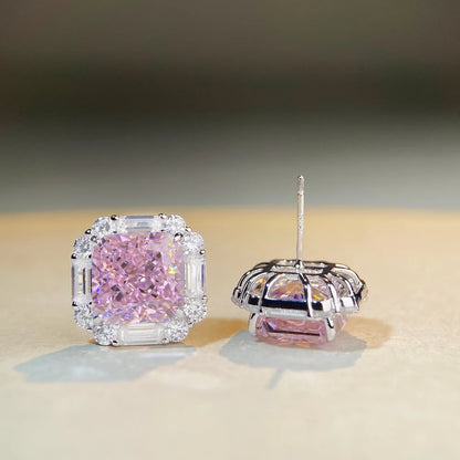 Luxury white gold solid platinum PT950 pink diamond earrings cherry powder ins wind ray dean ice flower cut