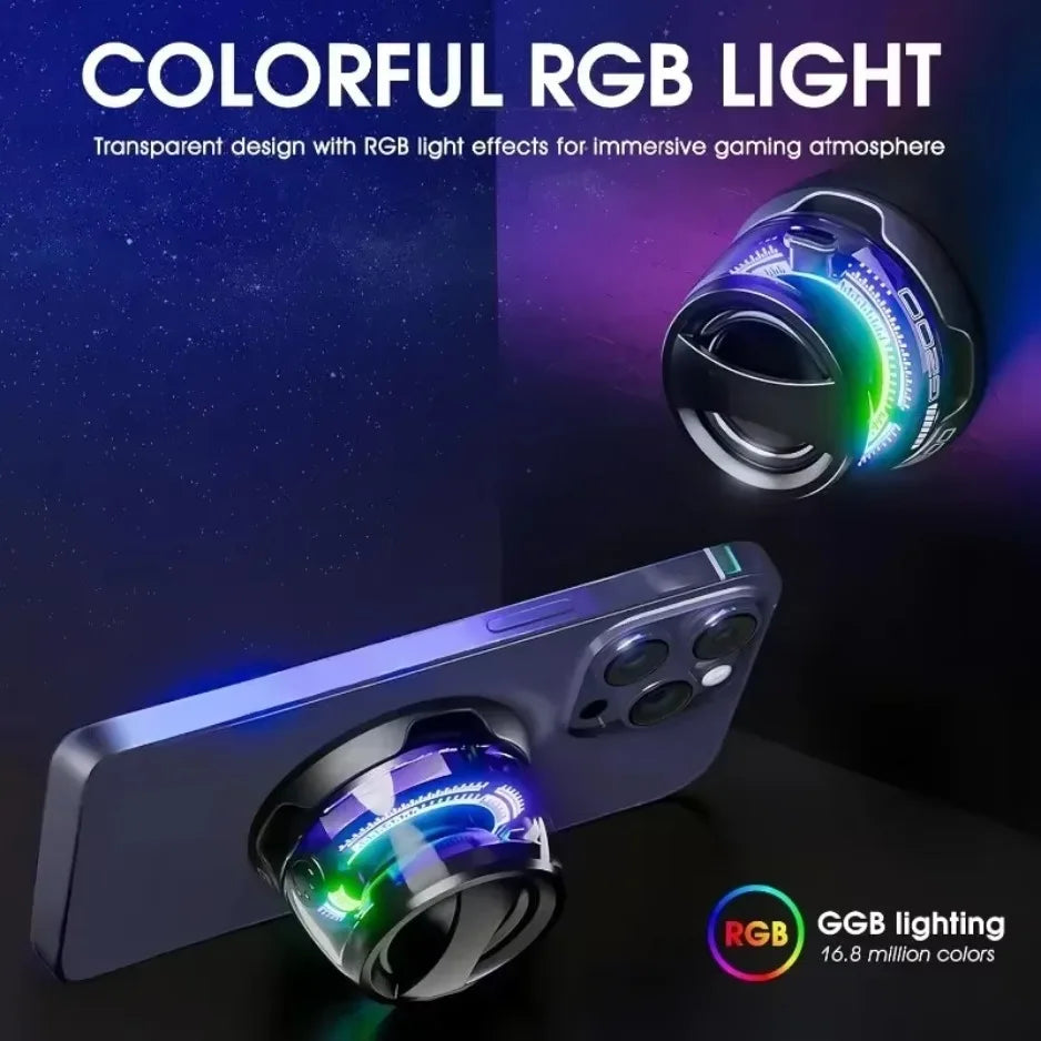 Colorful RGB light effect on a smartphone case with text about immersive gaming atmosphere.